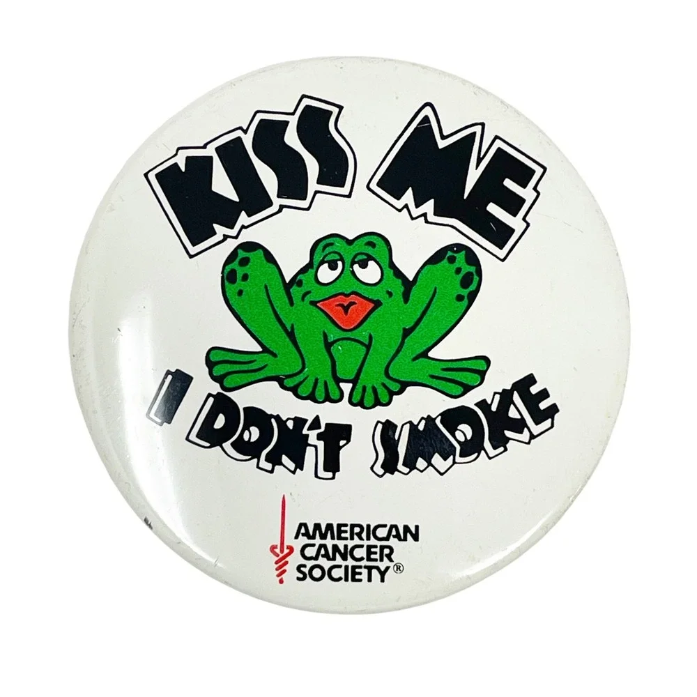 American Cancer Society Pinback Button White Green Kiss Me Frog Vintage